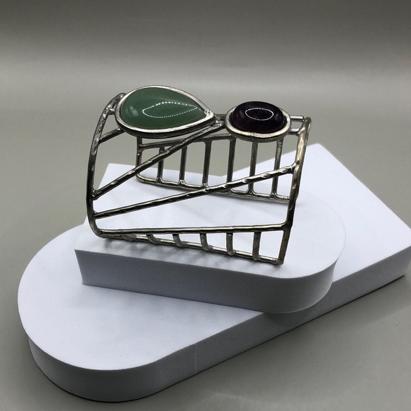 Artisan handmade modernist wide cuff bracelet with gemstones-statement look - Picture 1 of 11